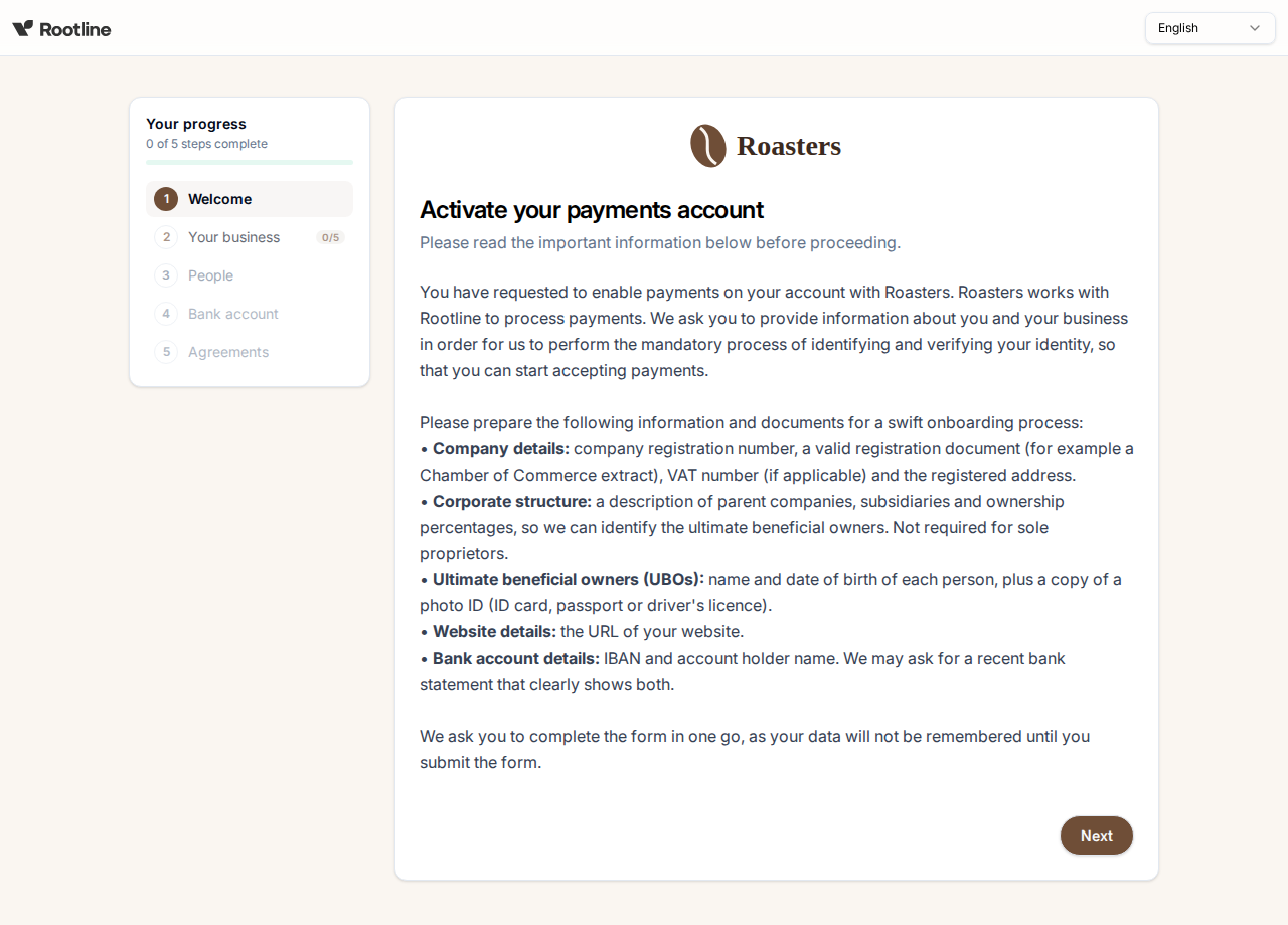 The same step with the example branding from this page: the Roasters logo, a warm background, brown accents and pill-shaped buttons