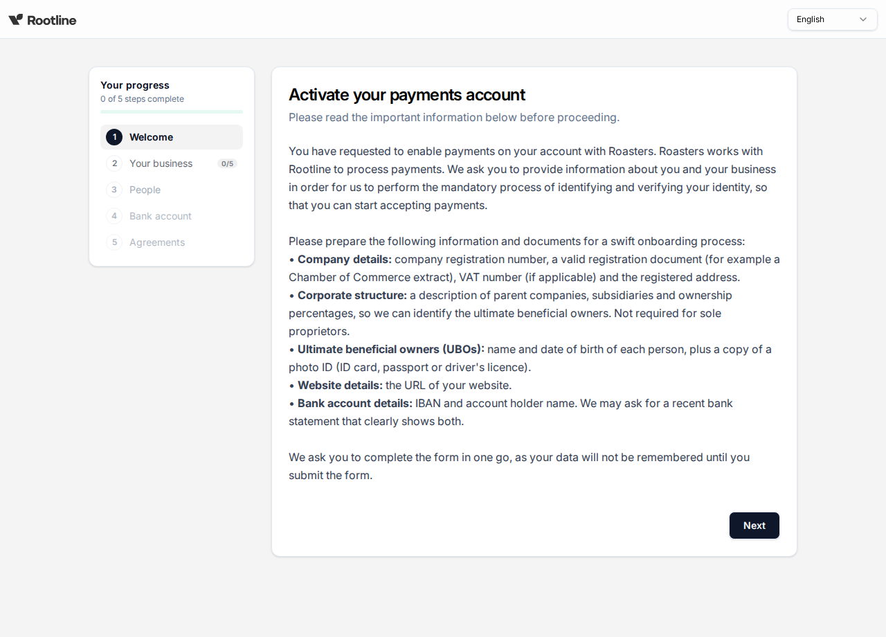The welcome step of the onboarding form in Rootline's default look
