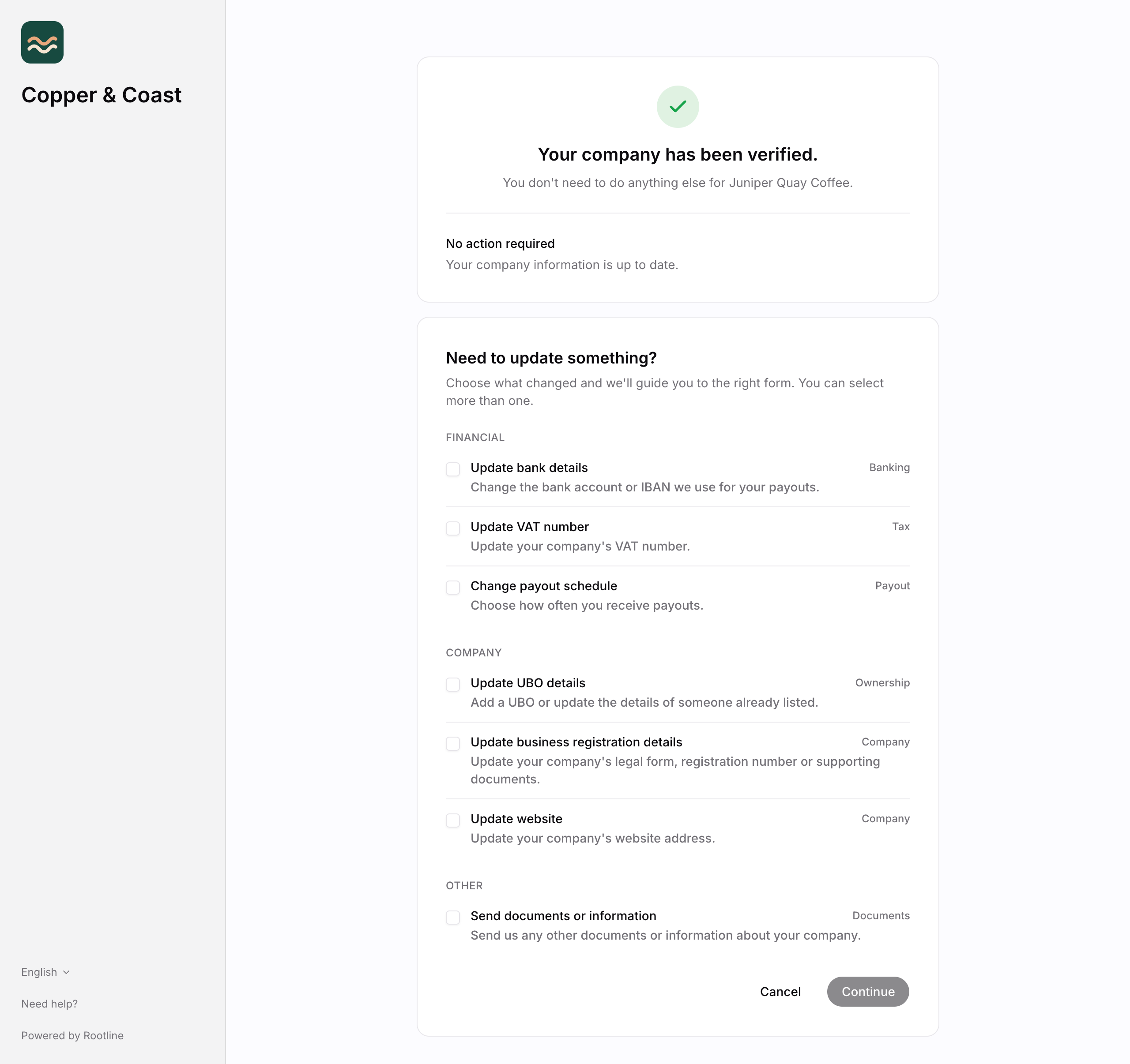 The onboarding form for a verified company, offering options to update bank details, VAT number, payout schedule, UBO details, business registration, website, or send documents.